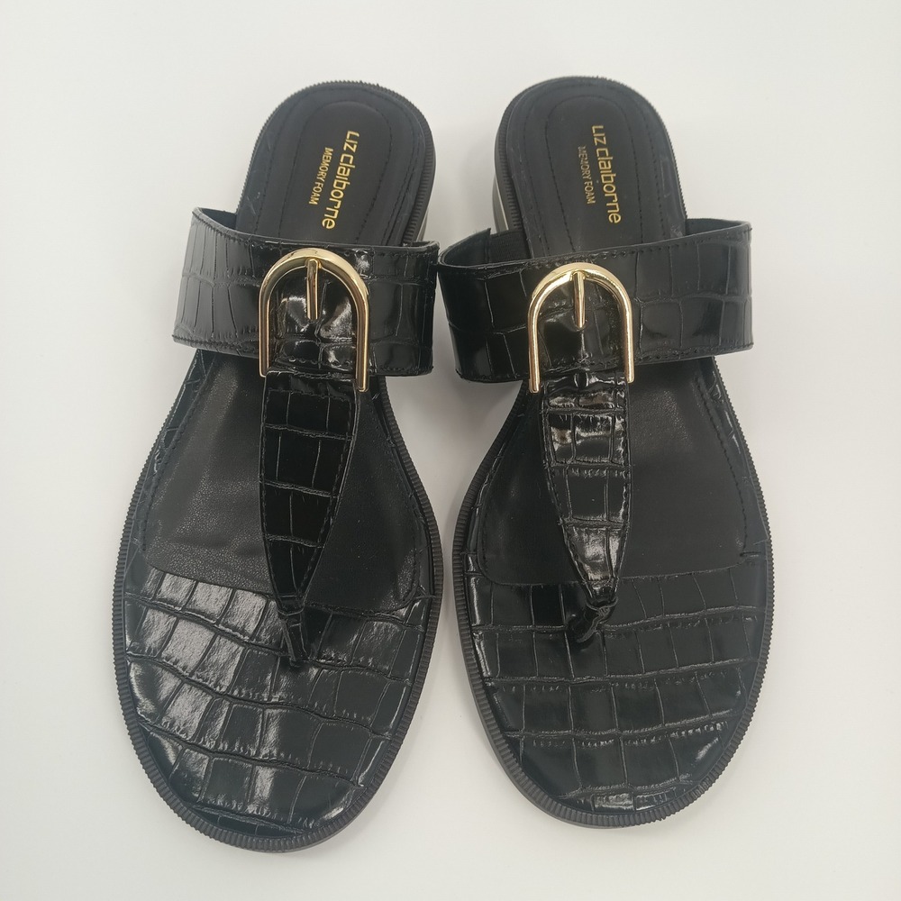 Liz Claiborne LC‎ April Black Croc Embossed Buckle Thong Sandals Gold Trim 7.5M